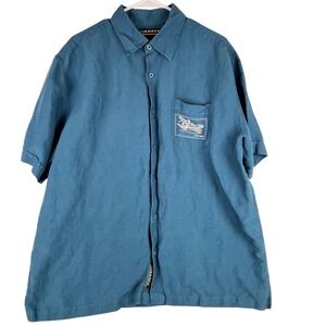 Cubavera Button Down Shirt Men XL Teal Blue Linen Blend Graphic Stamp Airplane